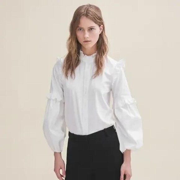 Maje BIANCO Loutan Balloon-Sleeve Poplin shirt with frills - Picture 6 of 9
